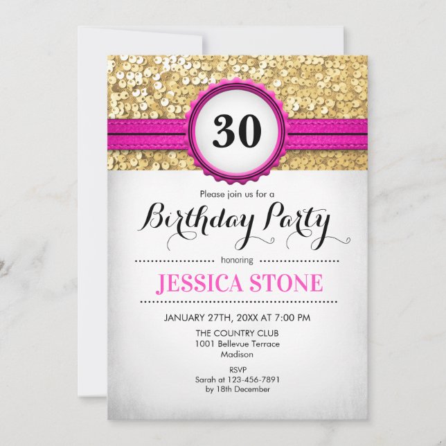 30th Birthday Invitation - Hot Pink White Gold (Front)