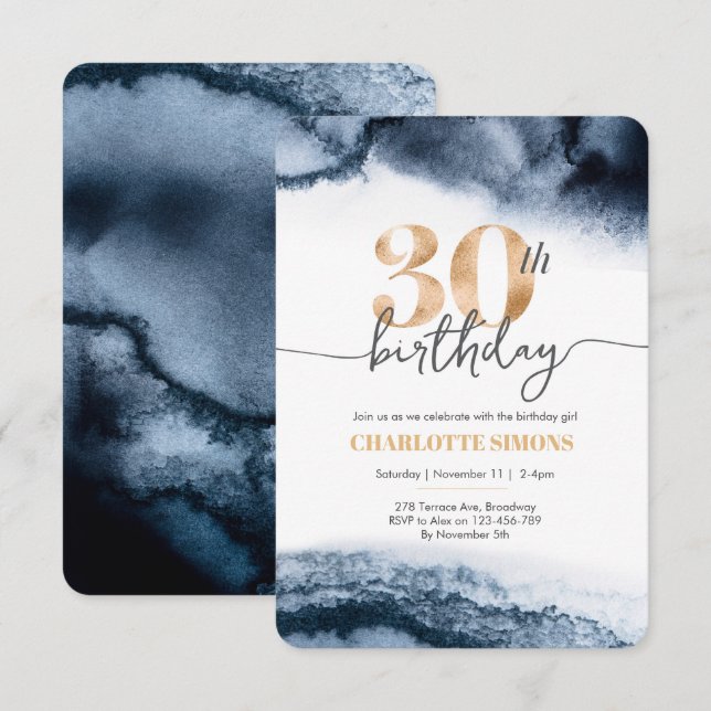 30th birthday invitation Navy watercolor and gold (Front/Back)