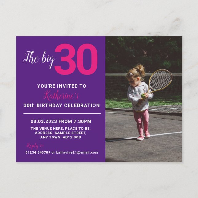 30th Birthday Invitation Photo Card Purple (Front)