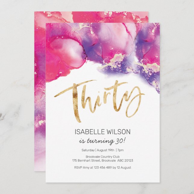30th Birthday Invitation pink Abstract Watercolor (Front/Back)