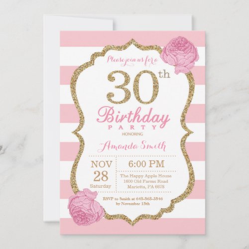 30th Birthday Invitation Pink and Gold Floral
