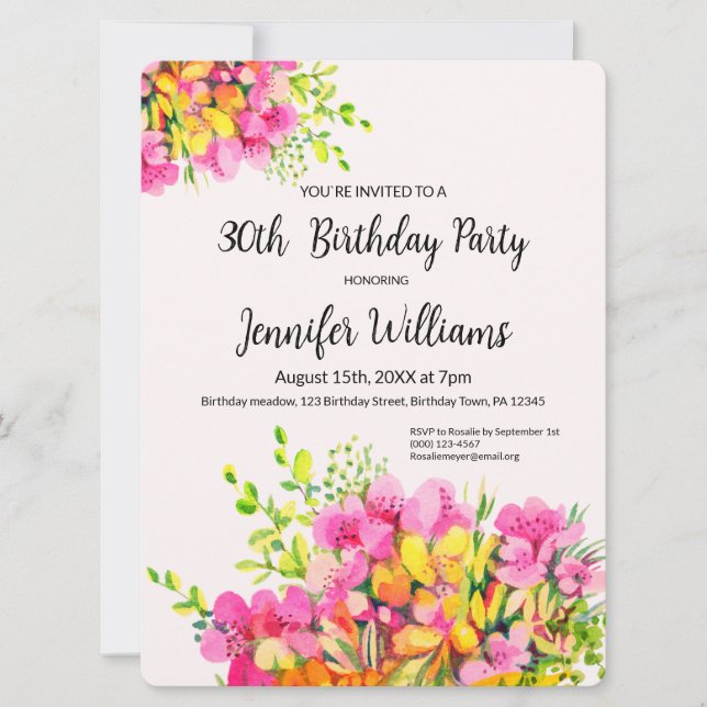 30th Birthday invitation, pink and orange flowers Invitation (Front)