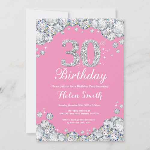 30th Birthday Invitation Pink and Silver Diamond