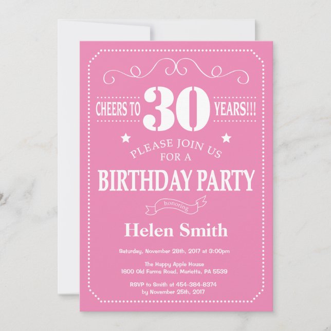 30th Birthday Invitation Pink and White (Front)