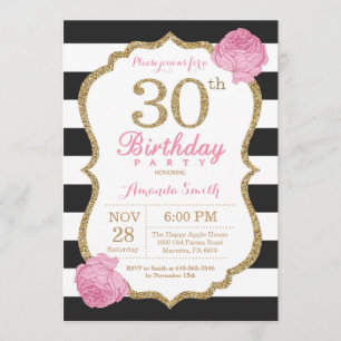 30th Birthday Invitation Pink Black Gold Floral