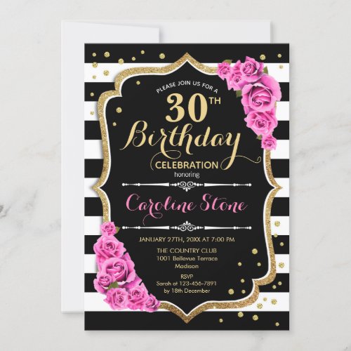 30th Birthday Invitation Pink Black White Stripes