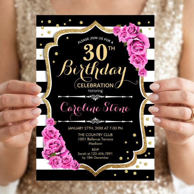 30th Birthday Invitation Pink Black White Stripes (Creator Uploaded)