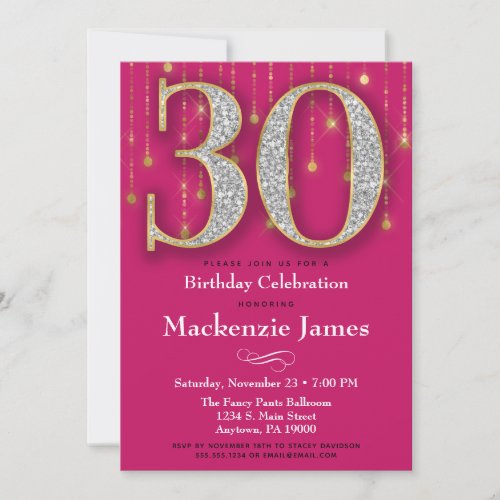 30th Birthday Invitation Pink Gold Diamonds Adult