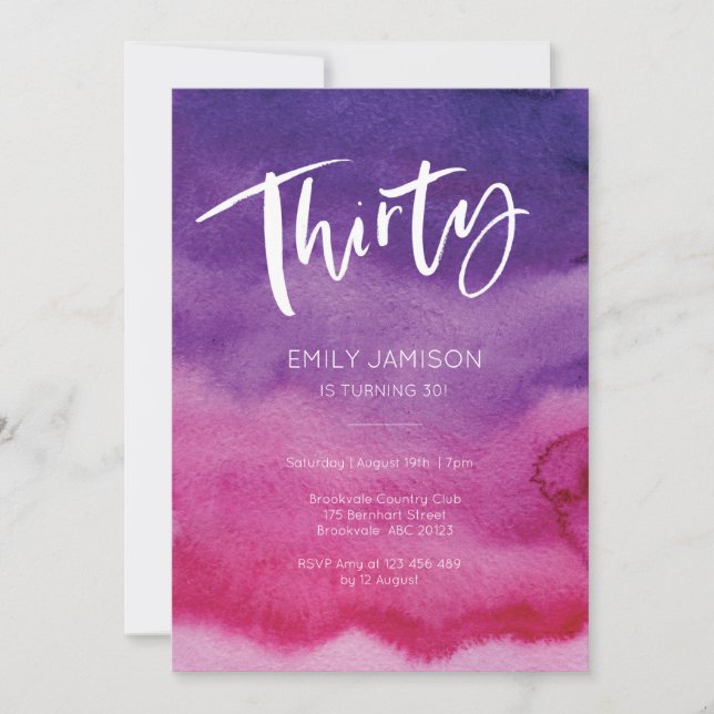 30th Birthday Invitation Pink Purple Watercolor (Front)