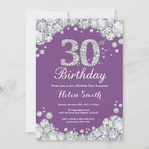 30th Birthday Invitation Purple and Silver Diamond