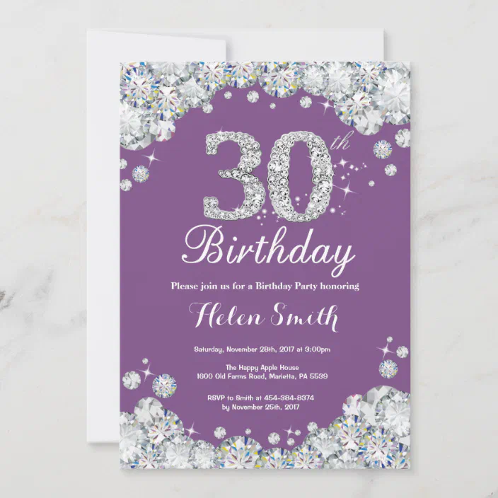 30Th Purple & White Bling Sparkle Birthday Party Personalised Invitations 