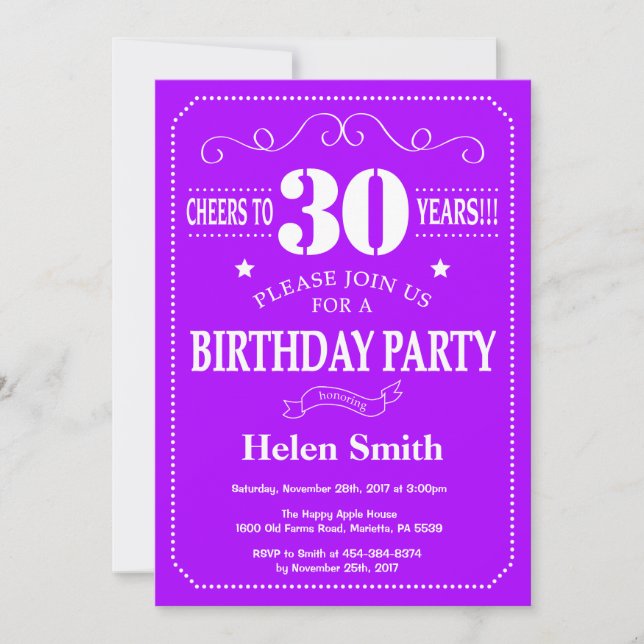 30th Birthday Invitation Purple and White (Front)