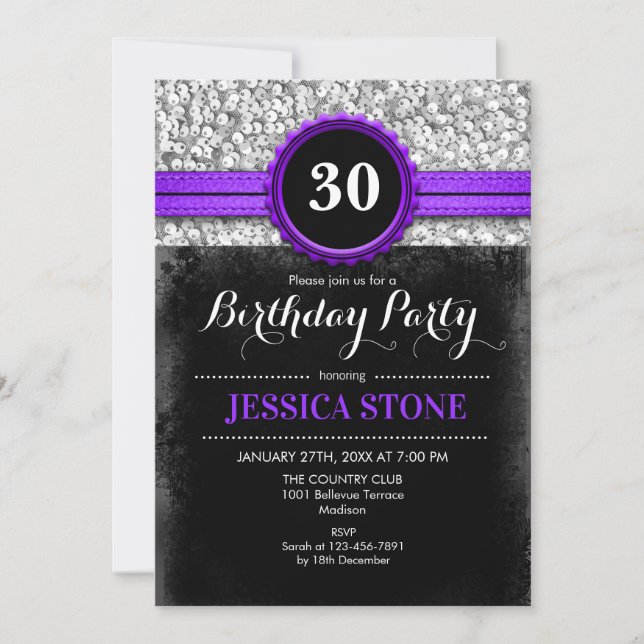 30th Birthday Invitation - Purple Black Silver (Front)
