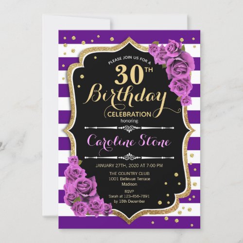 30th Birthday Invitation Purple Gold With Roses