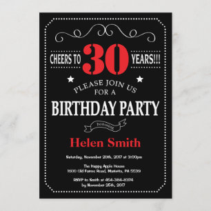 30th Birthday Invitation Red and Black Chalkboard