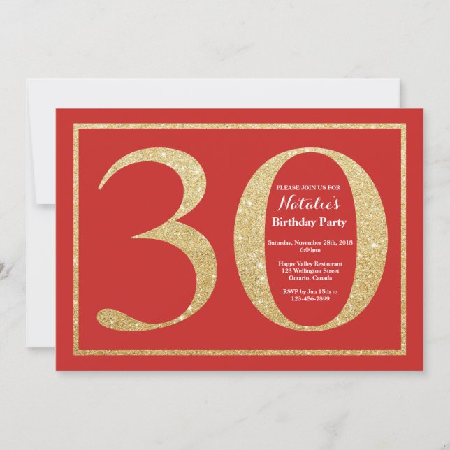 30th Birthday Invitation Red and Gold Glitter (Front)