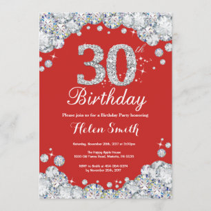 30th Birthday Invitation Red and Silver Diamond