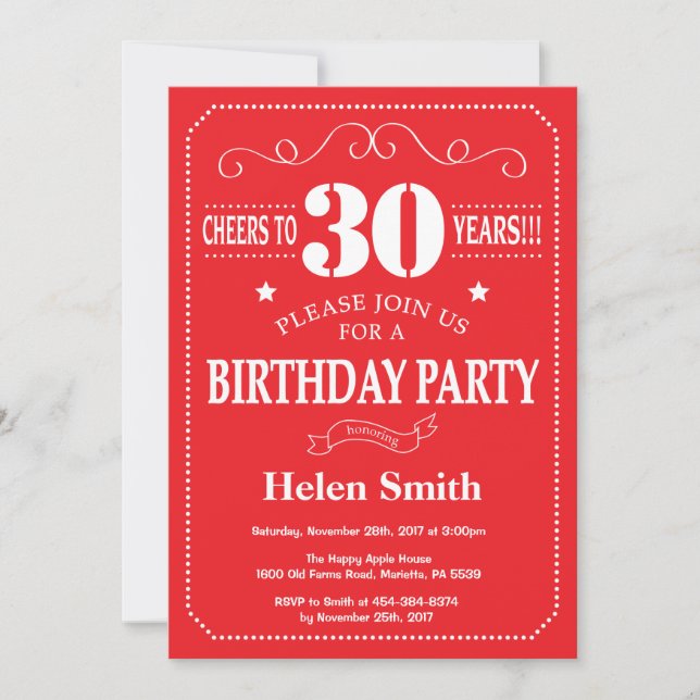 30th Birthday Invitation Red and White (Front)
