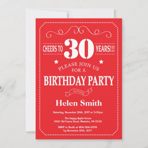 30th Birthday Invitation Red and White