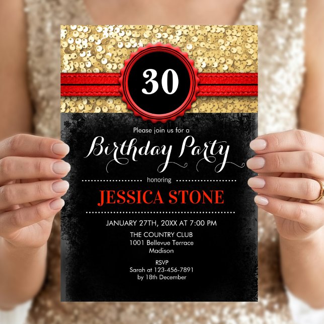 30th Birthday Invitation - Red Black Gold (Creator Uploaded)