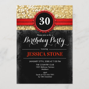 30th Birthday Invitation - Red Black Gold