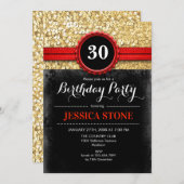 30th Birthday Invitation - Red Black Gold (Front/Back)