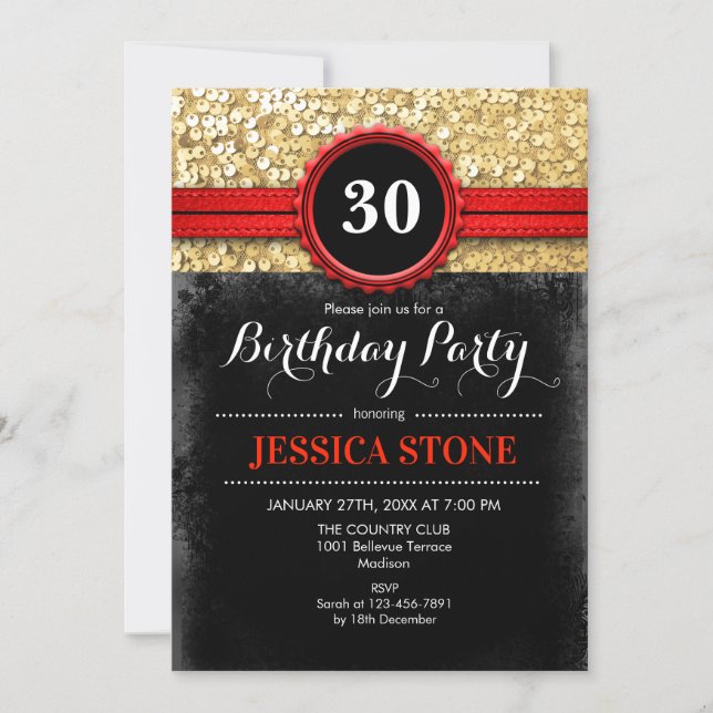 30th Birthday Invitation - Red Black Gold (Front)