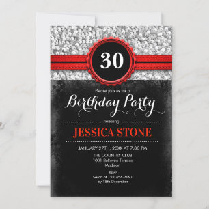 30th Birthday Invitation - Red Black Silver