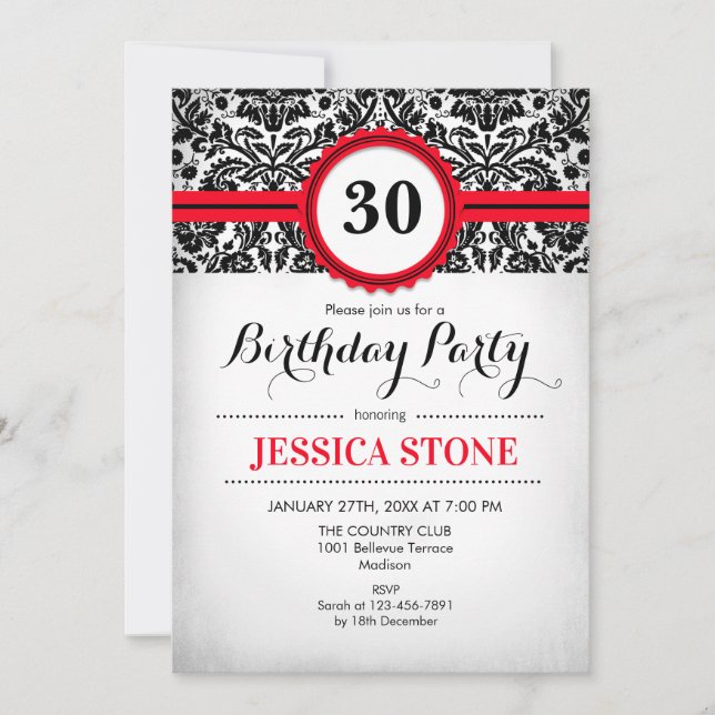 30th Birthday Invitation Red Black White Damask (Front)