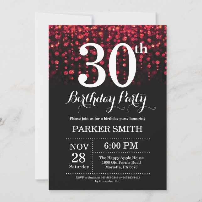 30th Birthday Invitation Red Glitter (Front)