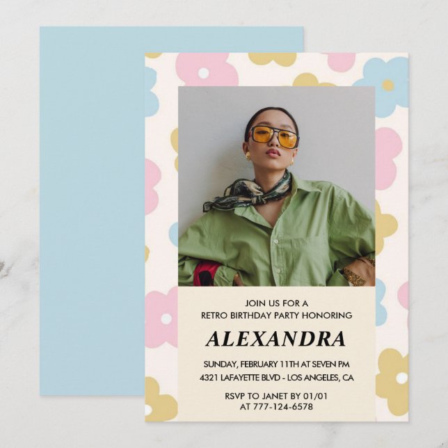 30th birthday invitation Retro Groovy Flowers Cute (Front/Back)