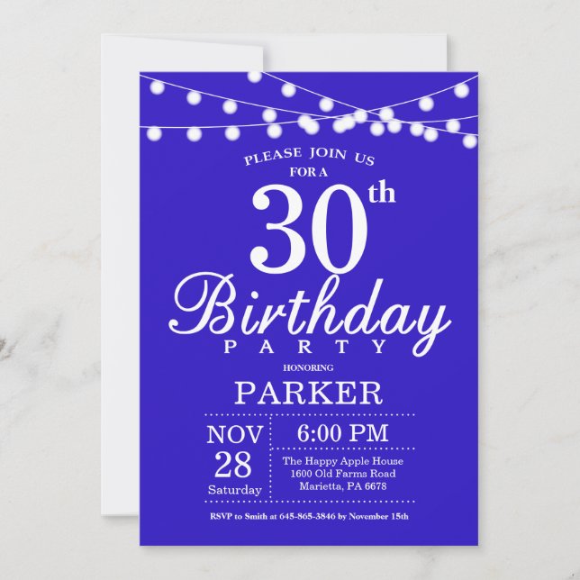 30th Birthday Invitation Royal Blue (Front)