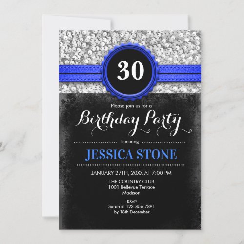 30th Birthday Invitation _ Royal Blue Black Silver