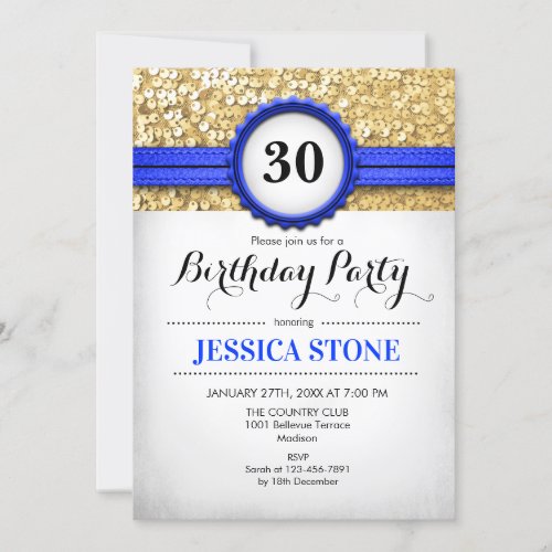 30th Birthday Invitation _ Royal Blue White Gold