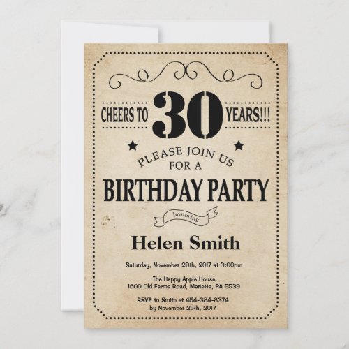 30th Birthday Invitation Rustic Vintage Retro