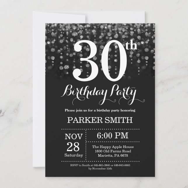 30th Birthday Invitation Silver Glitter (Front)