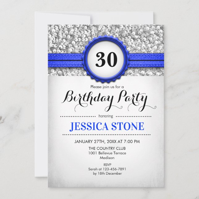 30th Birthday Invitation - Silver White Royal Blue (Front)