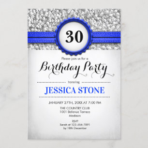 30th Birthday Invitation - Silver White Royal Blue