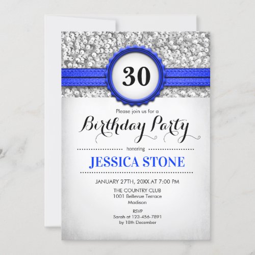 30th Birthday Invitation _ Silver White Royal Blue