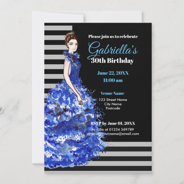 30th Birthday Invitation Sparkly Blue Dress (Front)