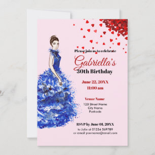 30th Birthday Invitation Sparkly Blue Dress Hearts