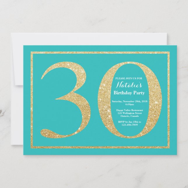 30th Birthday Invitation Teal and Gold Glitter (Front)