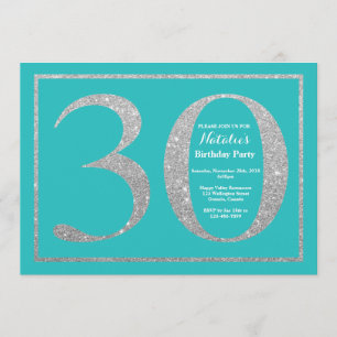 30th Birthday Invitation Teal and Silver Glitter