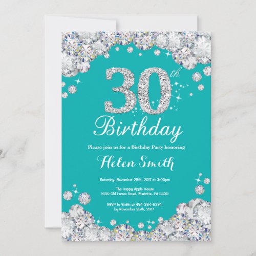 30th Birthday Invitation Teal and Silver Invitatio