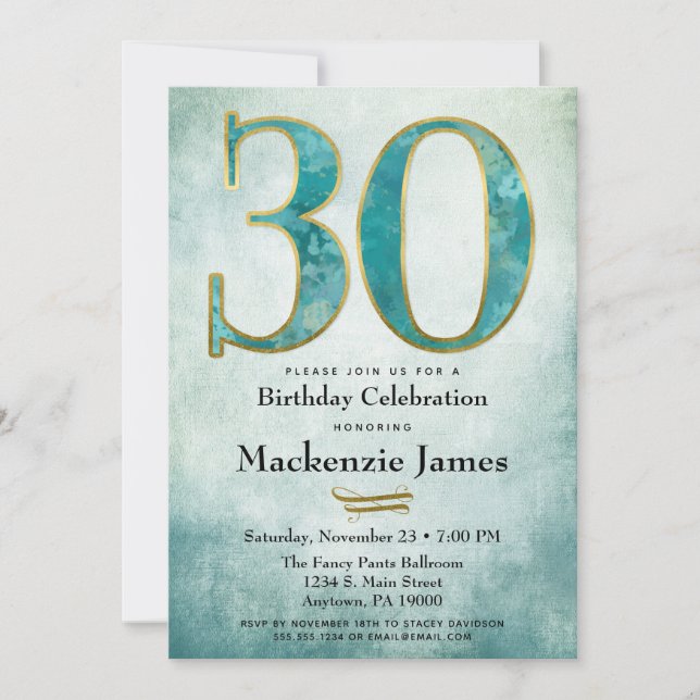 30th Birthday Invitation Turquoise Blue Gold Adult (Front)