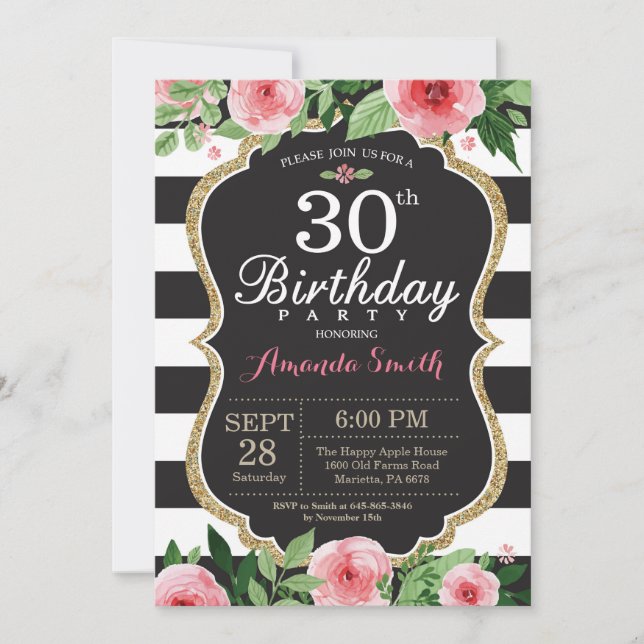 30th Birthday Invitation Women. Floral Gold Black (Front)