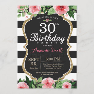 30th Birthday Invitation Women. Floral Gold Black