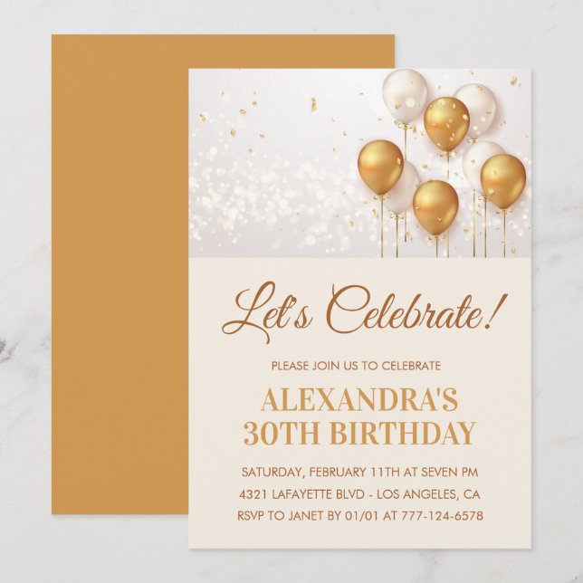 30th birthday invitations Balloons Gold (Front/Back)