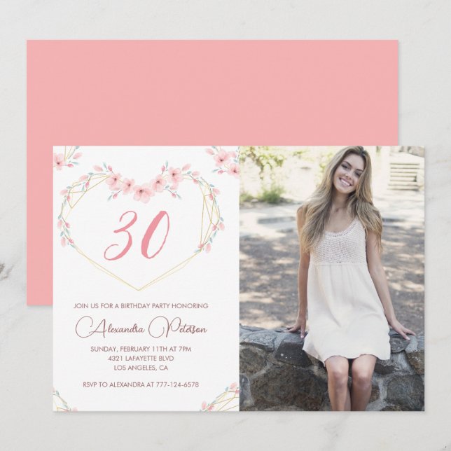 30th birthday invitations Boho Floral Photo (Front/Back)