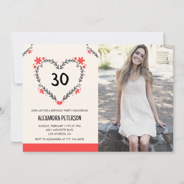 30th birthday invitations floral heart (Front)